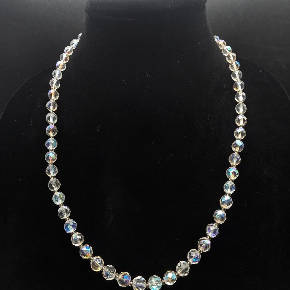 Aurora Borealis Glass Beaded Necklace Sterling Silver 925 Clasp Vintage Jewelry